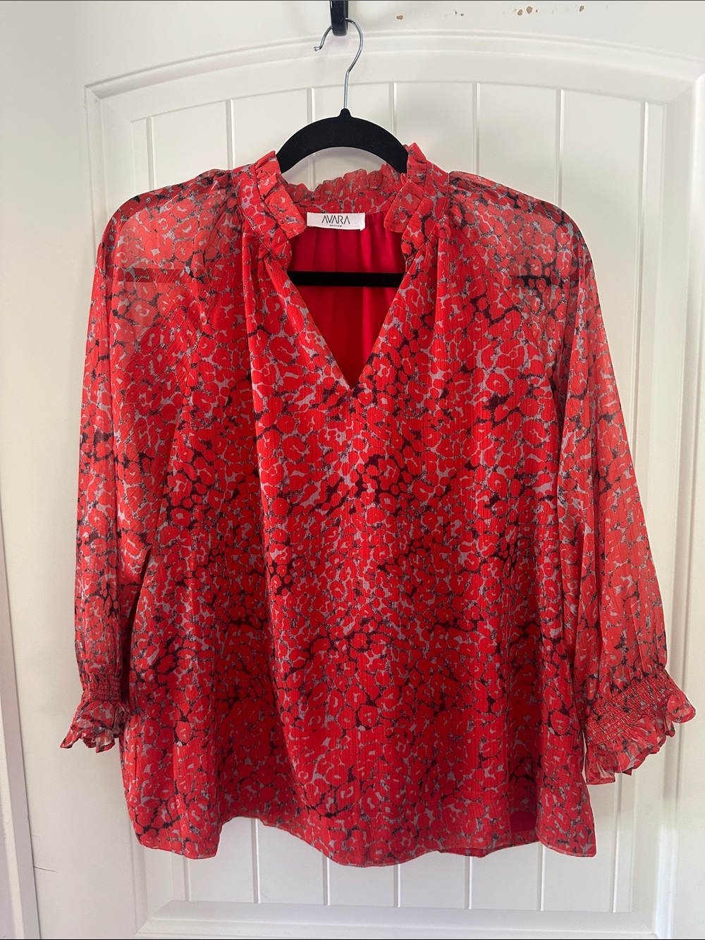 Avara Red Printed V-Neck Womens Blouse